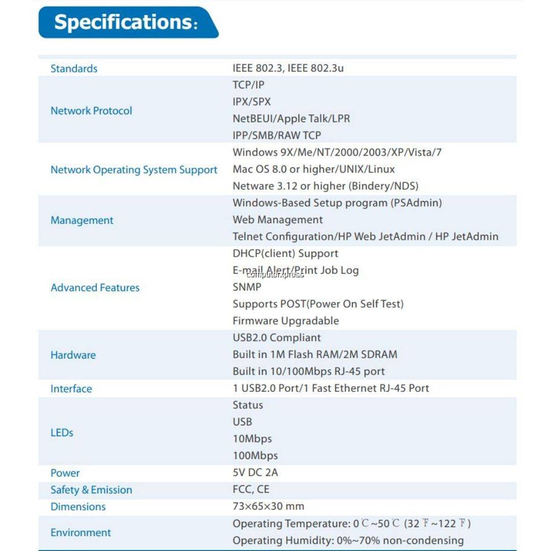 TPLink TLPS110U Single USB 2.0 Port Fast Print Server