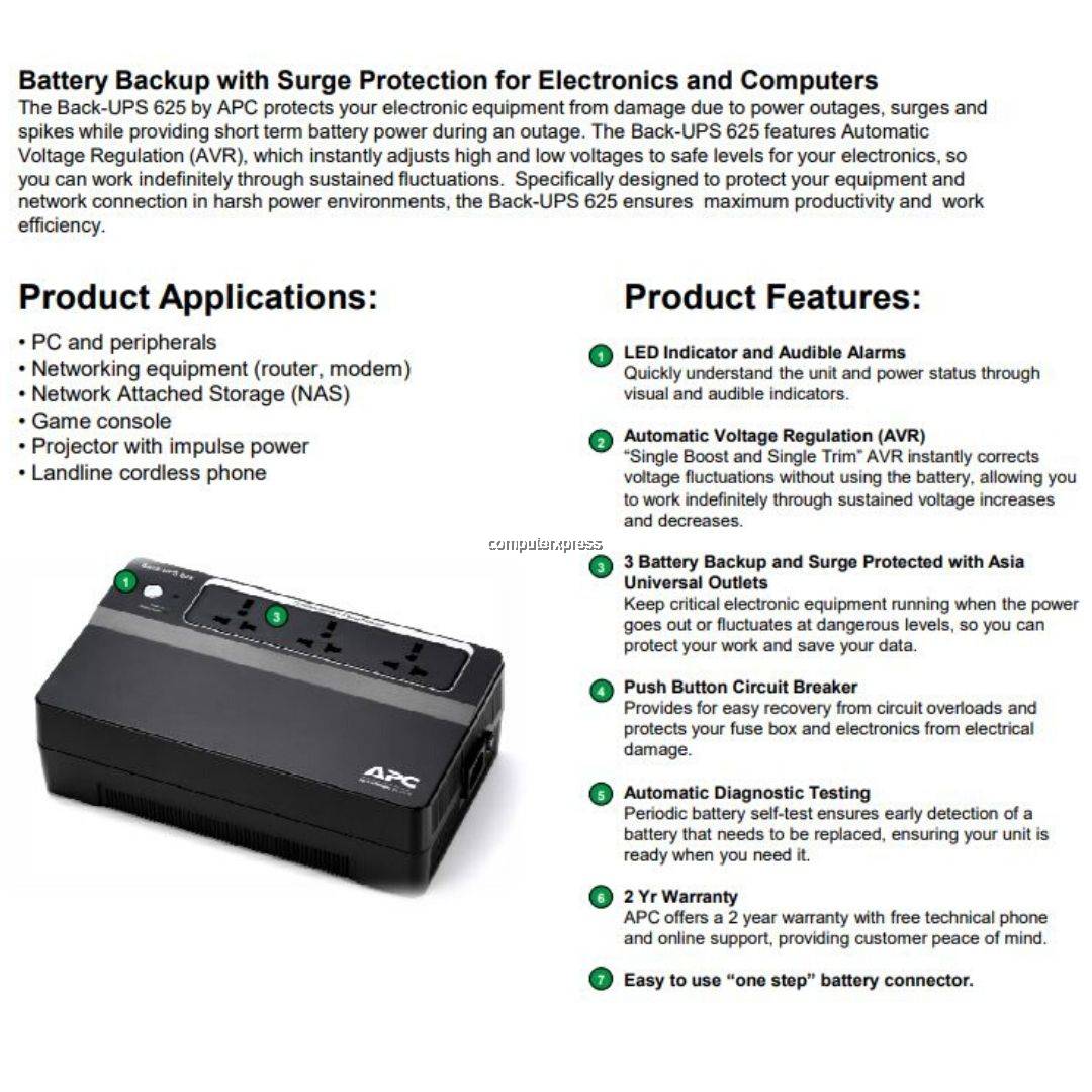 APC Battery Backup & Surge Protector UPS 625VA, 230V, AVR, Floor