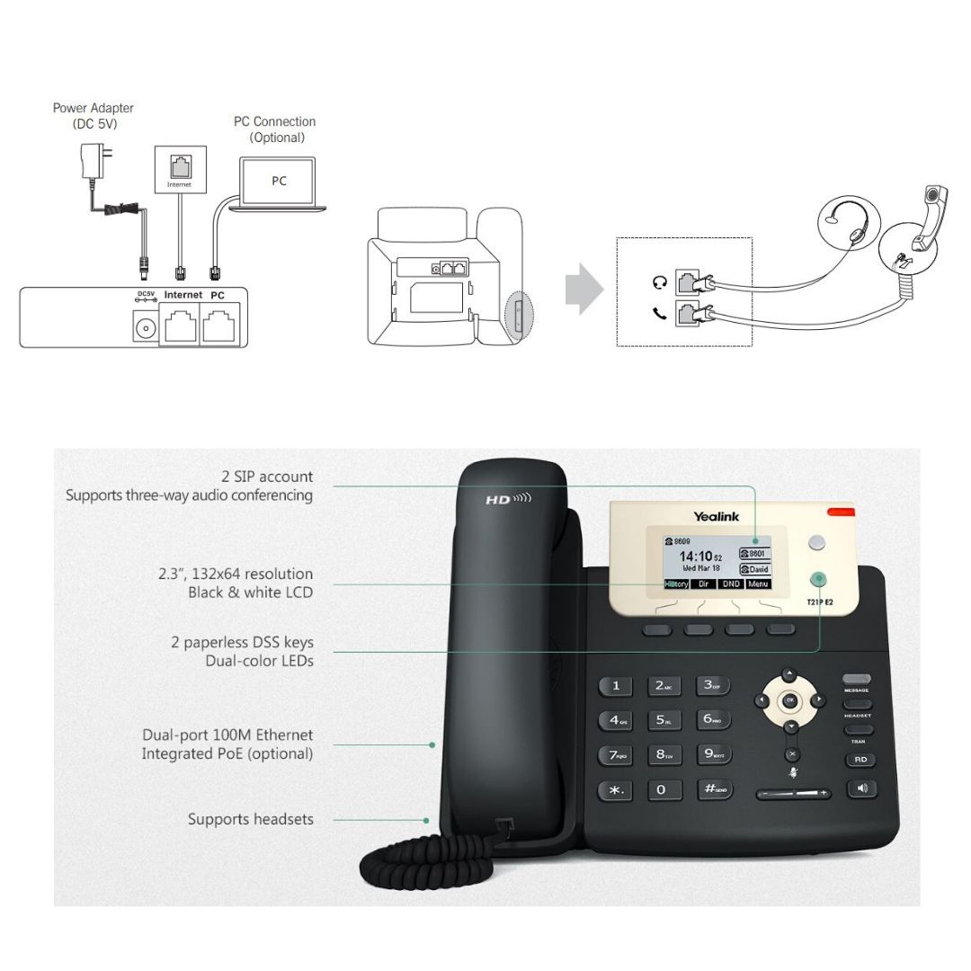 Yealink SIP-T21P E2 Entry-level IP Phone, 2 Lines & HD with POE Support